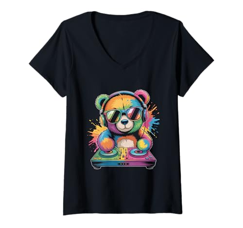 Damen Teddybär DJ an Turntables EDM Synthesizer Rave Music Ghost T-Shirt mit V-Ausschnitt von Techno Plattenspieler und Deejay Monkeys Outfits