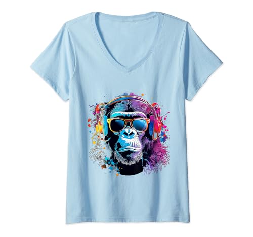 Damen farbenfroher Affe Monkey DJ mit Kopfhörer und Sonnenbrille T-Shirt mit V-Ausschnitt von Techno Plattenspieler und Deejay Monkeys Outfits