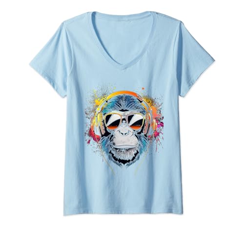 Damen farbenfroher Affe Monkey DJ mit Kopfhörer und Sonnenbrille T-Shirt mit V-Ausschnitt von Techno Plattenspieler und Deejay Monkeys Outfits