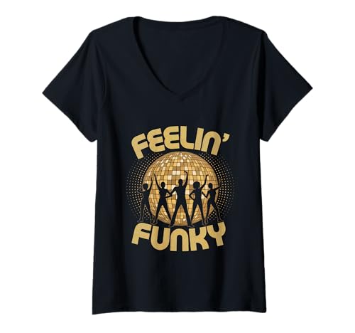 Damen Discoball Vintage Feelin' Funky Vibes Disco Ball cool Party T-Shirt mit V-Ausschnitt von Techno Plattenspieler und Discoball Outfits