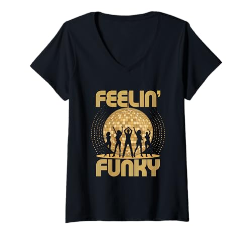Damen Discoball Vintage Feelin' Funky Vibes Disco Ball cool Party T-Shirt mit V-Ausschnitt von Techno Plattenspieler und Discoball Outfits