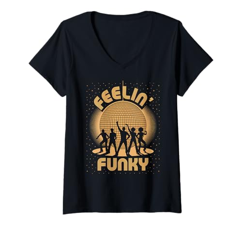 Damen Discoball Vintage Feelin' Funky Vibes Disco Ball cool Party T-Shirt mit V-Ausschnitt von Techno Plattenspieler und Discoball Outfits