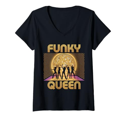 Damen Discoball Vintage Funky Queen Vibes Disco Ball cool Party T-Shirt mit V-Ausschnitt von Techno Plattenspieler und Discoball Outfits