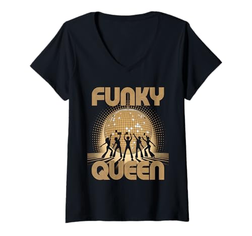 Damen Discoball Vintage Funky Queen Vibes Disco Ball cool Party T-Shirt mit V-Ausschnitt von Techno Plattenspieler und Discoball Outfits