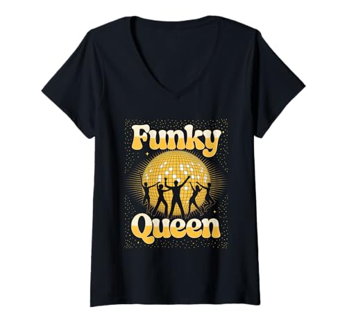 Damen Discoball Vintage Funky Queen Vibes Disco Ball cool Party T-Shirt mit V-Ausschnitt von Techno Plattenspieler und Discoball Outfits