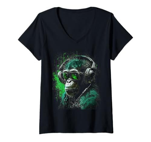 Damen Techno -Plattenspieler und Deejay Monkeys Outfits AFFE T-Shirt mit V-Ausschnitt von Techno -Plattenspieler und Kleidung von Deejay