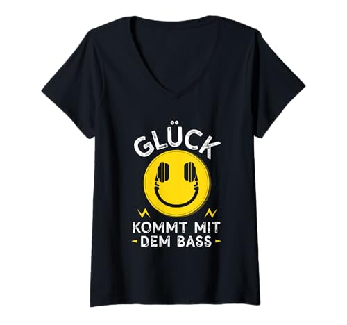 Damen Lustiger Techno Festival Spruch Glück kommt mit Bass Rave T-Shirt mit V-Ausschnitt Damen Lustiger Techno Festival Spruch Glück kommt mit Bass Rave T-Shirt mit V-Ausschnitt von Techno Rave Festival