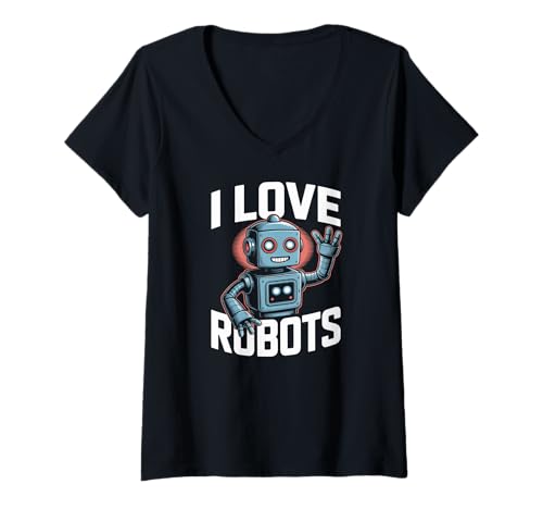 Damen Ich liebe Roboter Süßer Roboter-Enthusiast T-Shirt mit V-Ausschnitt Damen Ich liebe Roboter Süßer Roboter-Enthusiast T-Shirt mit V-Ausschnitt von Technology Enthusiasts Robot Fans