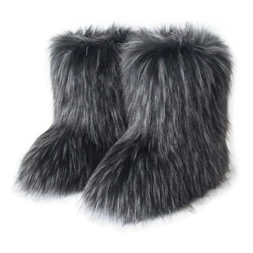 Techora Damen Kunstfellstiefel, Winter-Mittelschenkel-Schneestiefel, flauschige, pelzige, modische kurze Schneestiefel (Dunkelgrau 1, Erwachsene, Damen, 39.5, Numerisch, EU Schuhgrößensystem, M) von Techora