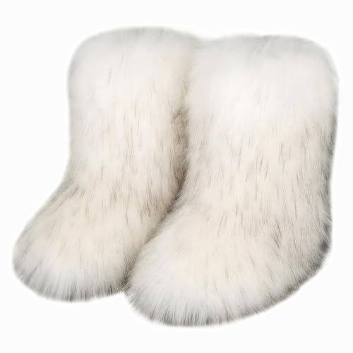 Techora Damen Kunstfellstiefel, Winter-Mittelschenkel-Schneestiefel, flauschige, pelzige, modische kurze Schneestiefel (Weiß 1, Erwachsene, Damen, 40, Numerisch, EU Schuhgrößensystem, M) von Techora