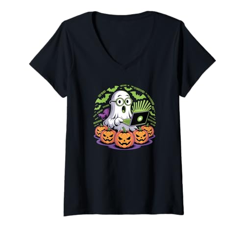 Damen Halloween Ai, Funny Skeleton with Pumpkin and Ai T-Shirt mit V-Ausschnitt Damen Halloween Ai, Funny Skeleton with Pumpkin and Ai T-Shirt mit V-Ausschnitt von Techspooky Halloween