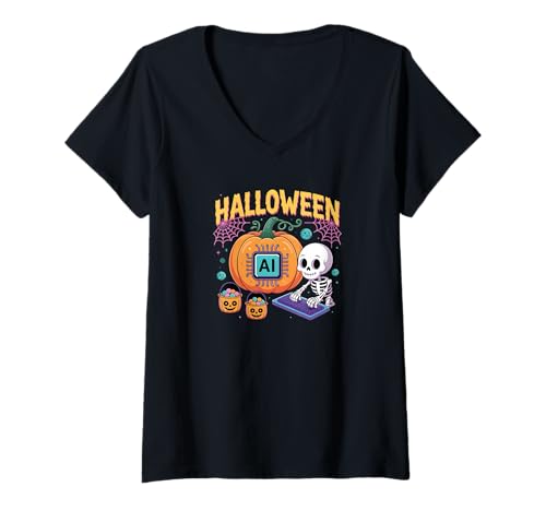 Damen Halloween Ai, Funny Skeleton with Pumpkin and Ai T-Shirt mit V-Ausschnitt Damen Halloween Ai, Funny Skeleton with Pumpkin and Ai T-Shirt mit V-Ausschnitt von Techspooky Halloween