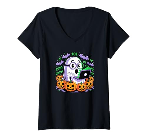 Damen Halloween Ai, lustiges Skelett mit Kürbis und KI T-Shirt mit V-Ausschnitt Damen Halloween Ai, lustiges Skelett mit Kürbis und KI T-Shirt mit V-Ausschnitt von Techspooky Halloween