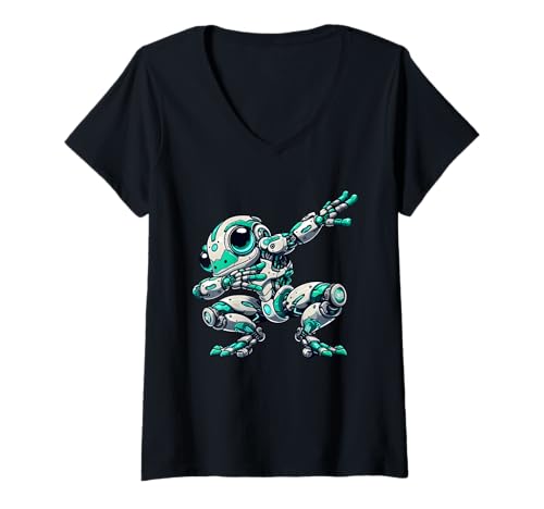 Damen Cooler Roboter Frosch Astronaut Dabbing Cartoon Mech T-Shirt mit V-Ausschnitt Damen Cooler Roboter Frosch Astronaut Dabbing Cartoon Mech T-Shirt mit V-Ausschnitt von Techy Cartoon Cyborg Frog Dabbing Design
