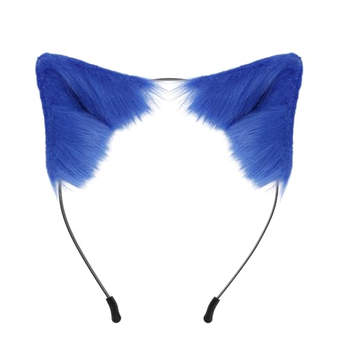 ​Handgemachte Pelz Fuchs Wolf Katzenohren Kopfbedeckung Haarband,Fuchs Wolf Ohren Stirnband Karneval Party Kostüm Haar Zubehör Plüsch Katzen Ohren Haar Hoop Tier Anime Kostüm Kopfbedeckung (Blau) von TecquorA