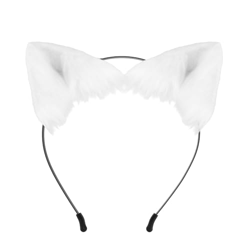​Handgemachte Pelz Fuchs Wolf Katzenohren Kopfbedeckung Haarband,Fuchs Wolf Ohren Stirnband Karneval Party Kostüm Haar Zubehör Plüsch Katzen Ohren Haar Hoop Tier Anime Kostüm Kopfbedeckung (Weiß) von TecquorA