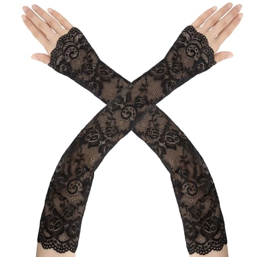 Lange Spitzenhandschuhe Schwarz Damen Fingerlose Handschuhe,1PCS Damen Ellenbogenlänge Florale Spitzen Handschuhe,1980er Jahre Party Teeparty Kleidungszubehör,Halloween Atmungsaktive Maskerade von TecquorA