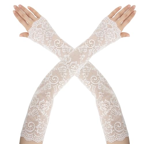 Lange Spitzenhandschuhe Weiß Damen Fingerlose Handschuhe,1PCS Damen Ellenbogenlänge Florale Spitzen Handschuhe,1980er Jahre Party Teeparty Kleidungszubehör,Halloween Atmungsaktive Maskerade Brautparty von TecquorA