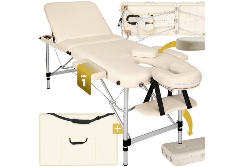 tectake Massageliege 3 Zonen Kosmetikliege mit 5cm Polsterung und Aluminiumgestell (Set, 1-St., mit Tragetasche), klappbar und höhenverstellbar, verstellbare Ablagen für Kopf und Arme von Tectake