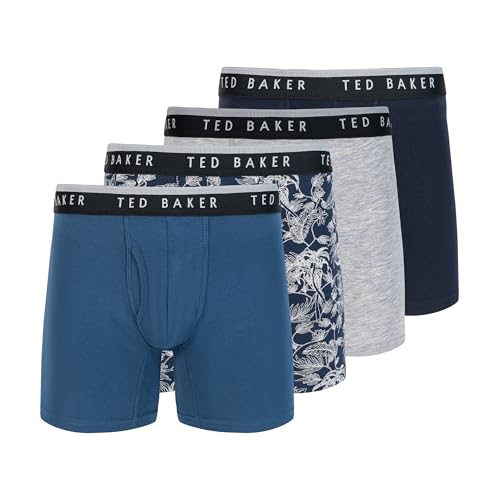 Ted Baker Herren 4er-Pack Boxershorts aus Baumwoll-Stretch Retroshorts, Denim/Leaf Print/Grey Heather/Sky, Large von Ted Baker