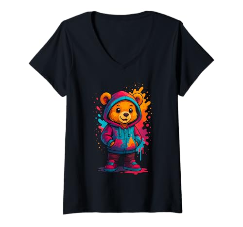 Damen Bunter Teddybär-Liebhaber, ästhetisch, urbaner Teddybär, Damen T-Shirt mit V-Ausschnitt von Teddy Bear Art Streetwear Hip Hop Culture Kids Boy