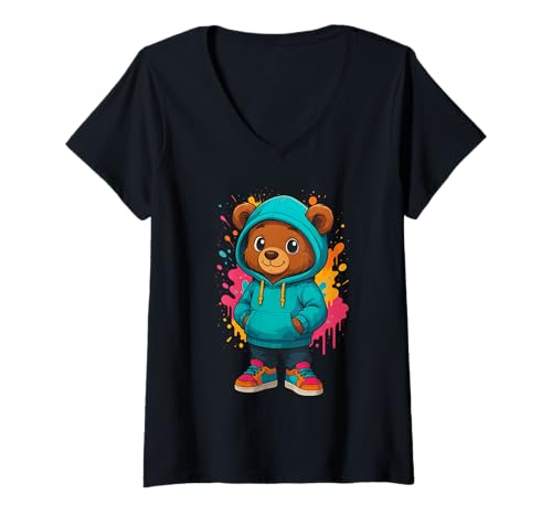 Damen Bunter Teddybär-Liebhaber, ästhetisch, urbaner Teddybär für Mädchen T-Shirt mit V-Ausschnitt Damen Bunter Teddybär-Liebhaber, ästhetisch, urbaner Teddybär für Mädchen T-Shirt mit V-Ausschnitt von Teddy Bear Art Streetwear Hip Hop Culture Kids Boy