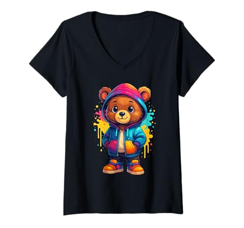 Damen Bunter Teddybär-Liebhaber, ästhetischer Urban Streetwear-Bär T-Shirt mit V-Ausschnitt Damen Bunter Teddybär-Liebhaber, ästhetischer Urban Streetwear-Bär T-Shirt mit V-Ausschnitt von Teddy Bear Art Streetwear Hip Hop Culture Kids Boy