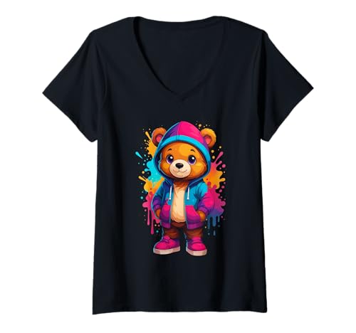 Damen Farbenfrohe, ästhetische Urbane Streetwear für Herren, Teddybär-Liebhaber T-Shirt mit V-Ausschnitt Damen Farbenfrohe, ästhetische Urbane Streetwear für Herren, Teddybär-Liebhaber T-Shirt mit V-Ausschnitt von Teddy Bear Art Streetwear Hip Hop Culture Kids Boy