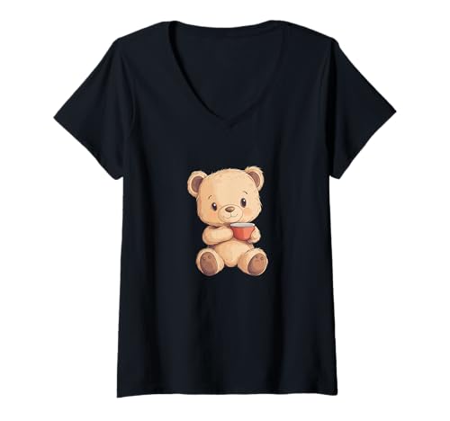 Damen Morning Vibes with a Cup Hugging Teddy Costume T-Shirt mit V-Ausschnitt von Teddy Bear Cup