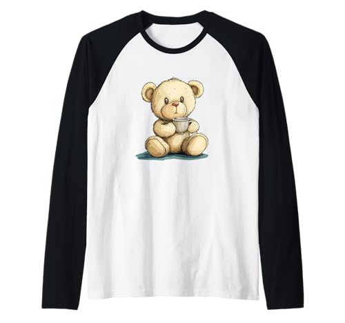 Süßer Teddybär mit einem dampfenden Cup Outfit für Erwachsene und Kinder Raglan von Teddy Bear Cup