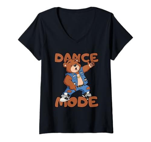 Damen Lustiger Braunbär Tanzmodus Trainer Geschenk für Männer Frauen Kinder T-Shirt mit V-Ausschnitt von Teddy Bear Dance Coach Hip Hop Rock Graphic Design