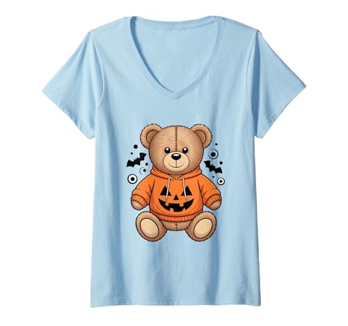 Damen Teddybär Kürbis Grafik Herbst Halloween T-Shirt mit V-Ausschnitt Damen Teddybär Kürbis Grafik Herbst Halloween T-Shirt mit V-Ausschnitt von Teddy Bear Pumpkin Halloween Graphic