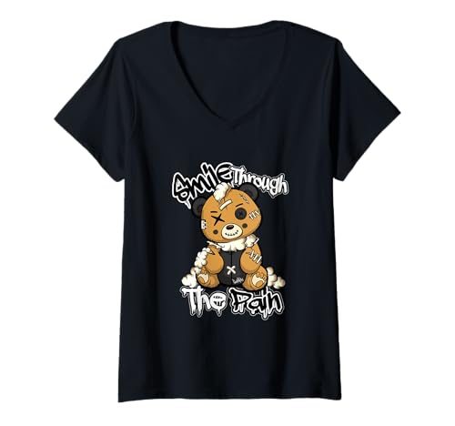 Damen Braun Vintage Teddybär Grafik Grunge Sadcore Ästhetik T-Shirt mit V-Ausschnitt Damen Braun Vintage Teddybär Grafik Grunge Sadcore Ästhetik T-Shirt mit V-Ausschnitt von Teddy Bear Smile