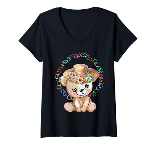 Damen 60er Retro Bär Teddy Kinder Mädchen Teddybär Blumen T-Shirt mit V-Ausschnitt von Teddy Teddybär Bär