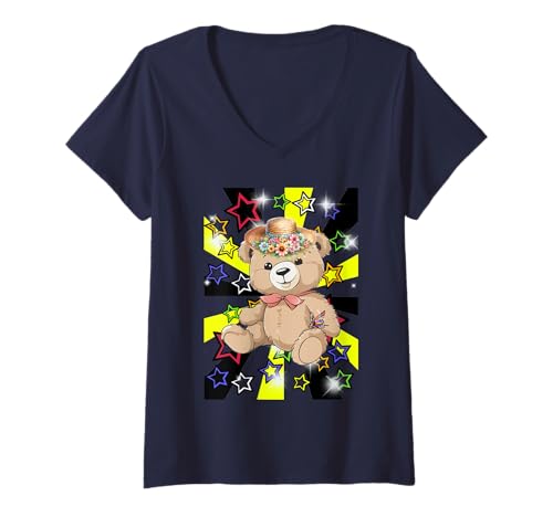 Damen Retro Bär Sommer Teddys Kinder Mädchen Bären Teddybär T-Shirt mit V-Ausschnitt von Teddy Teddybär Bär
