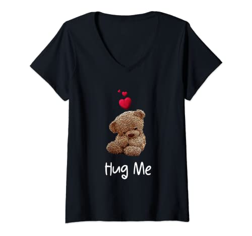 Damen Shirt mit Teddybär und Spruch Hug Me Teddy Bär T-Shirt mit V-Ausschnitt Damen Shirt mit Teddybär und Spruch Hug Me Teddy Bär T-Shirt mit V-Ausschnitt von Teddybär mit Herz Hug Me Shirt