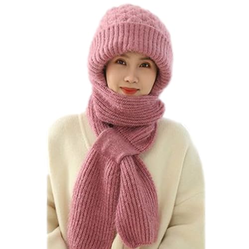 Tedious Integrierter Gehörschutz Winddichter Mützenschal | 2-in-1 Wintermütze mit Kapuze für Damen | Gestrickte Beanie Mütze mit Halswärmer | Verdickte warme Mütze Winterzubehör für Damen Halskopf von Tedious