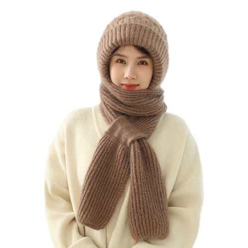 Integrierter Gehörschutz Winddichter Mützenschal | 2-in-1 Wintermütze mit Kapuze für Damen | Gestrickte Beanie Mütze mit Halswärmer | Verdickte warme Mütze Winterzubehör für Damen Halskopf von Tedious