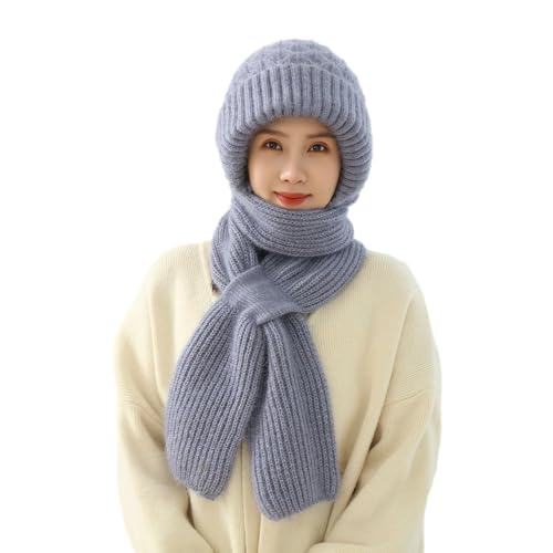 tedious Integrierter Gehörschutz Winddichter Mützenschal | 2-in-1 Wintermütze mit Kapuze für Damen | Gestrickte Beanie Mütze mit Halswärmer | Verdickte warme Mütze Winterzubehör für Damen Halskopf von Tedious