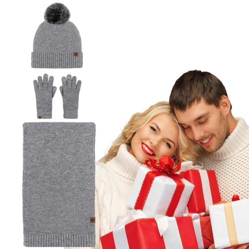 Mütze Handschuhe Schal Set Damen - Beanie-Schal-Handschuhe für kaltes Wetter - Warme Strickmütze aus weichem Fleece mit Bommel, Schal-Handschuhe zum Skaten, Reisen, Rodeln, Camping, Wandern, Tedious von Tedious