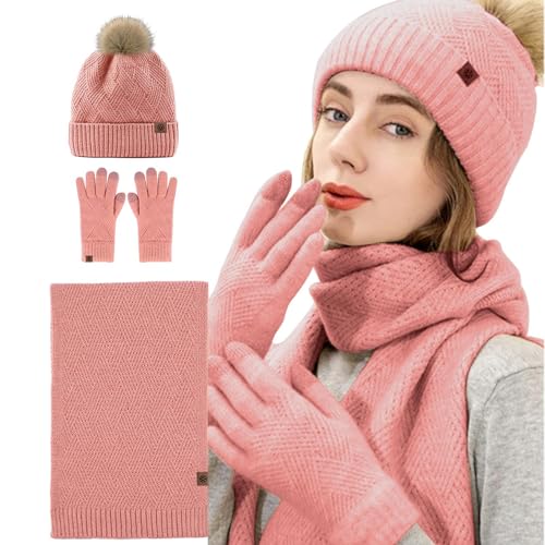 Mütze Handschuhe Schal Set Damen | Beanie-Schal-Handschuhe für kaltes Wetter - Warme Strickmütze aus weichem Fleece mit Bommel, Schal-Handschuhe zum Skaten, Reisen, Rodeln, Camping, Wandern, Tedious von Tedious