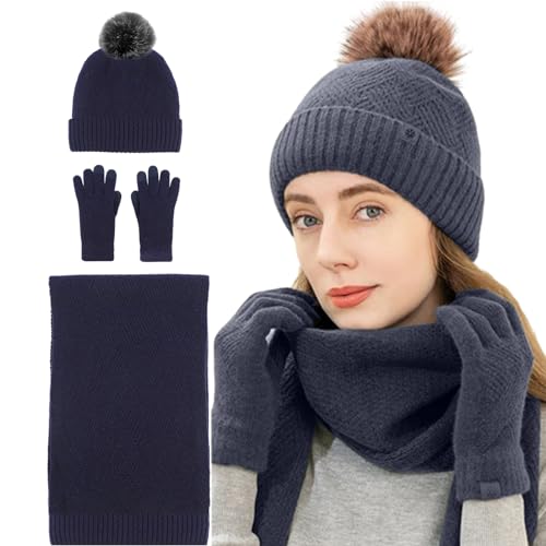 Set aus Schal und Handschuhen für Damen | Strickmütze, Schal, Handschuhe - Weiche Thermo-Strickmütze mit Bommel, warme Beanie-Schal-Handschuhe zum Rodeln, Snowboarden, Camping, Skaten, Tedious von Tedious