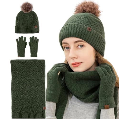 Wintermütze und Handschuhe für Damen | Beanie-Schal-Handschuhe für kaltes Wetter,Stricken Sie warme Beanie-Mütze, Schal mit Bommel, weiches Fleece-Thermo-Winterschal-Mütze-Handschuh-Set Tedious von Tedious