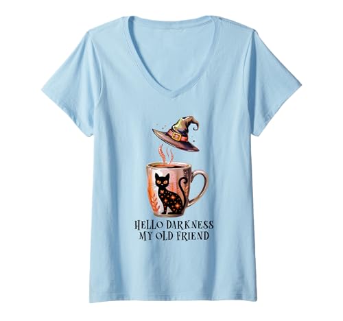 Damen Hello Darkness My Old Friend Black Cat Coffee Mug Witchy Cat T-Shirt mit V-Ausschnitt Damen Hello Darkness My Old Friend Black Cat Coffee Mug Witchy Cat T-Shirt mit V-Ausschnitt von Tee Hello Darkness My Friend Old Cat Witch T Shirt