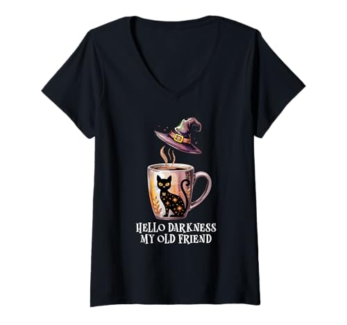 Damen Hello Darkness My Old Friend Black Cat Coffee Mug Witch Cat T-Shirt mit V-Ausschnitt Damen Hello Darkness My Old Friend Black Cat Coffee Mug Witch Cat T-Shirt mit V-Ausschnitt von Tee Hello Darkness My Friend Old Cat Witchy Shirt