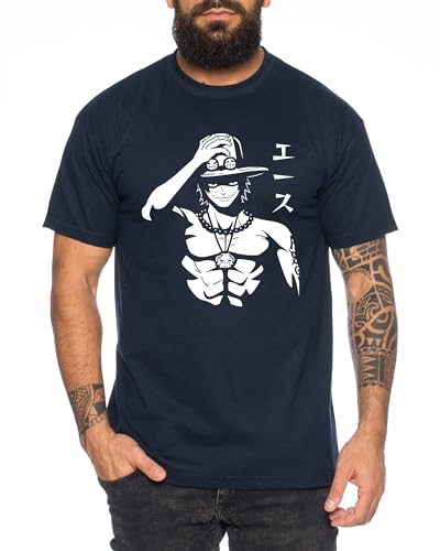 Ace Hat - Herren T-Shirt Straw Hat Luffy Zoro One Monkey D. Pirat Ace Piece Goku Anime Ruffy, Größe:L, Farbe:Dunkelblau von Tee Kiki