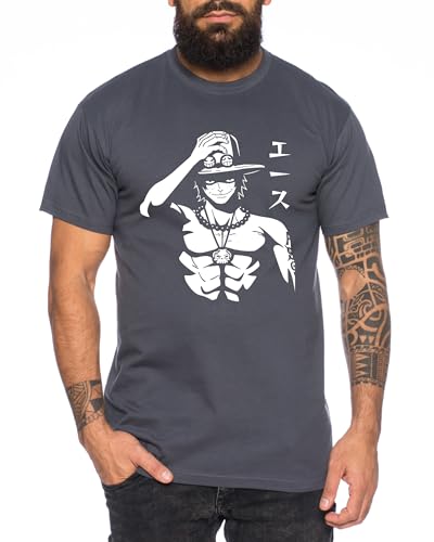 Ace Hat - Herren T-Shirt Straw Hat Luffy Zoro One Monkey D. Pirat Ace Piece Goku Anime Ruffy, Größe:L, Farbe:Dunkelgrau von Tee Kiki