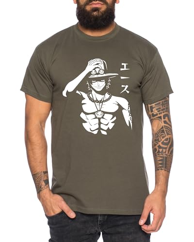 Ace Hat - Herren T-Shirt Straw Hat Luffy Zoro One Monkey D. Pirat Ace Piece Goku Anime Ruffy, Größe:L, Farbe:Khaki von Tee Kiki