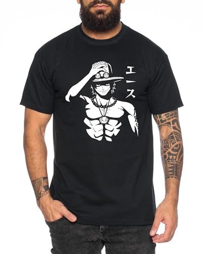 Ace Hat - Herren T-Shirt Straw Hat Luffy Zoro One Monkey D. Pirat Ace Piece Goku Anime Ruffy, Größe:L, Farbe:Schwarz von Tee Kiki