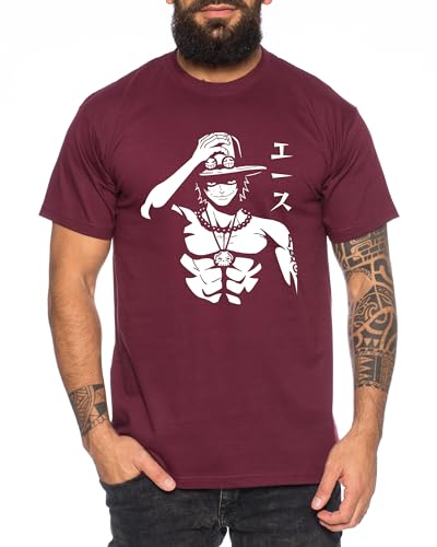 Ace Hat - Herren T-Shirt Straw Hat Luffy Zoro One Monkey D. Pirat Ace Piece Goku Anime Ruffy, Größe:L, Farbe:Weinrot von Tee Kiki